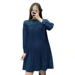 ZARA | Navy Blue Pleated Lace Long Sleeves Shift Mini Dress  Size S